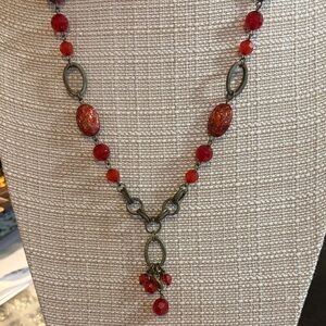 Chic Red Beaded Necklace with Antique Finish